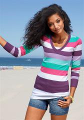 Пуловер женский с V-образным вырезом в полоску, AJC Пуловер женский с V-образным вырезом в полоску, AJC