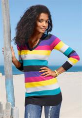 Пуловер женский удлиненный с V-образным вырезом в полоску, AJC Пуловер женский удлиненный с V-образным вырезом в полоску, AJC